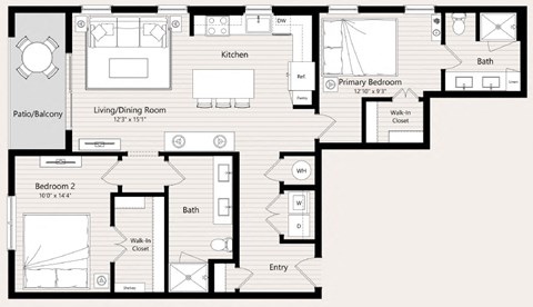 Floor plan for 2 beds, 2 baths, 1166 sqft